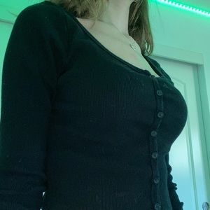 cropped black scoop neck button-down top